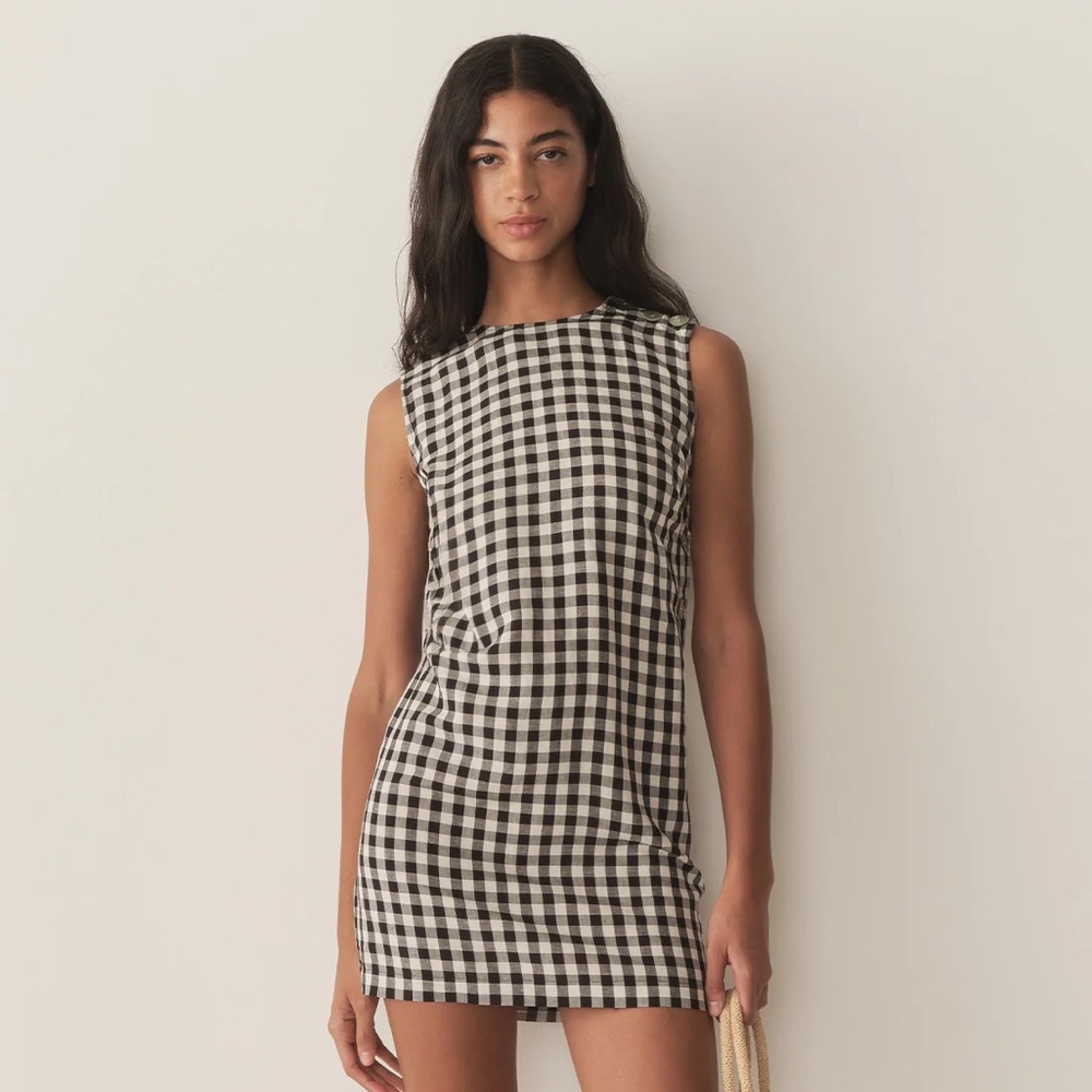 Doen Coralie Linen Button Sleeveless Mini Dress Marilyn Gingham Black White